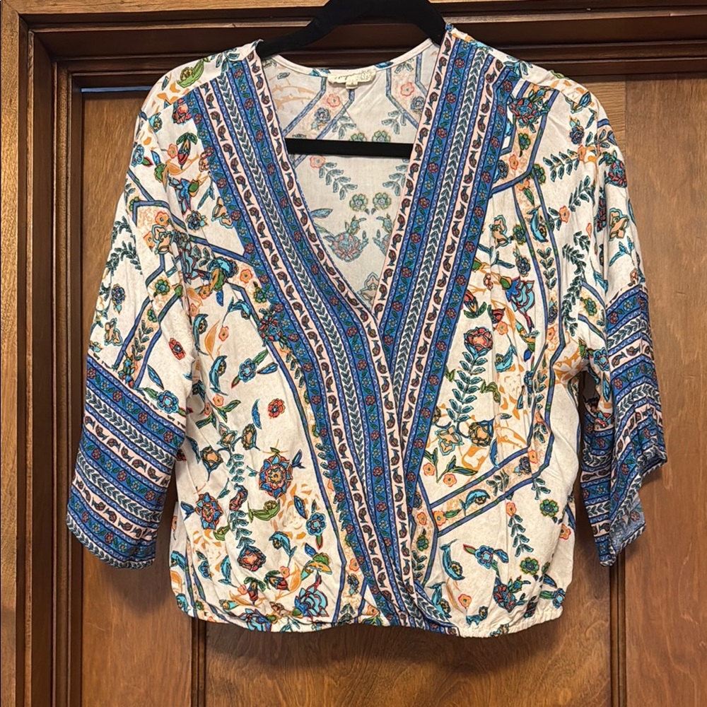 Mystree Cream and Blue Boxy Blouse